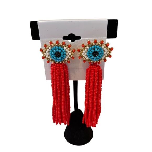 Baublebar Beaded Evil Eye Red Tassel Earrings. Super Fun! - Picture 1 of 5